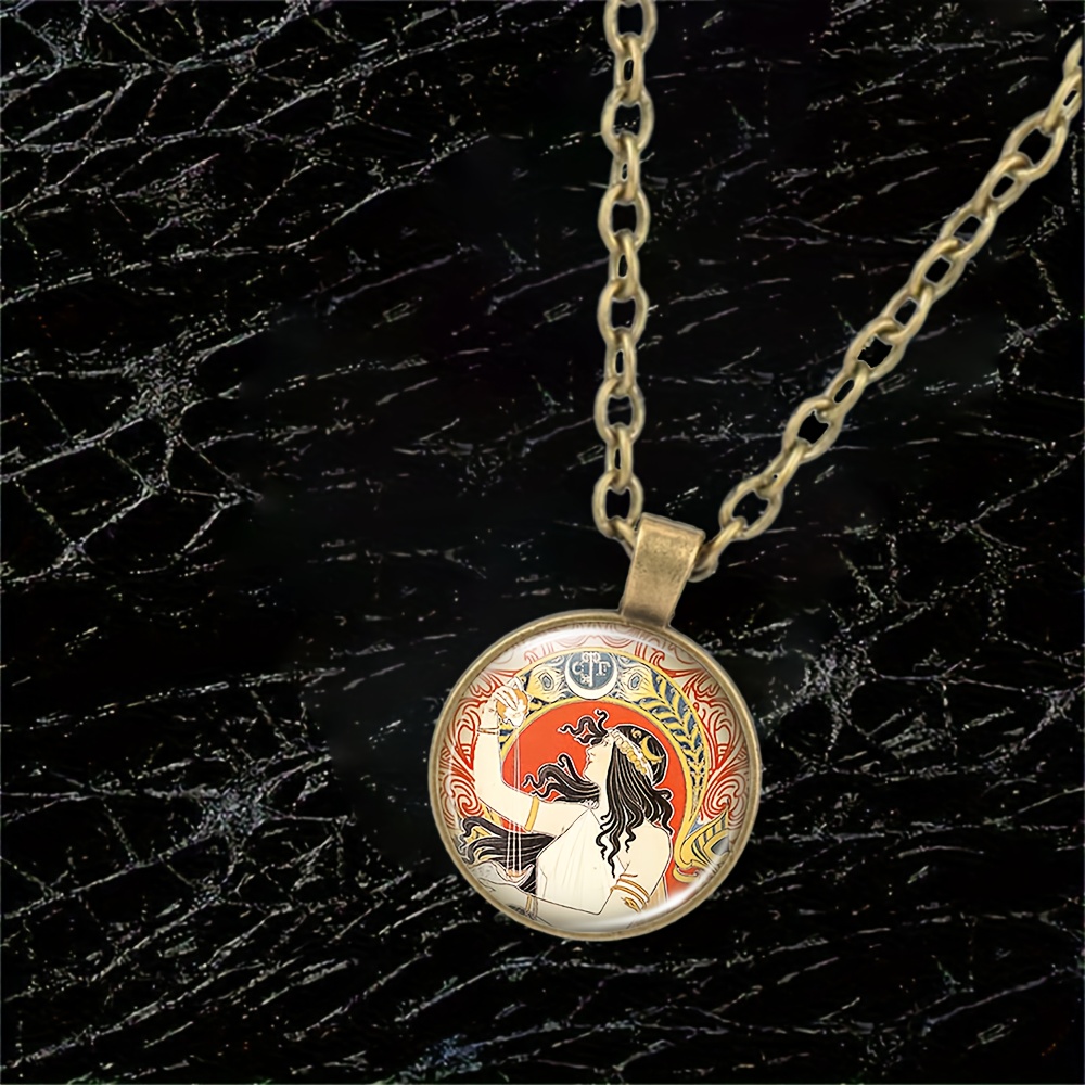 Brown Metal Classic Chain Necklace with Colorful Pattern Medallion